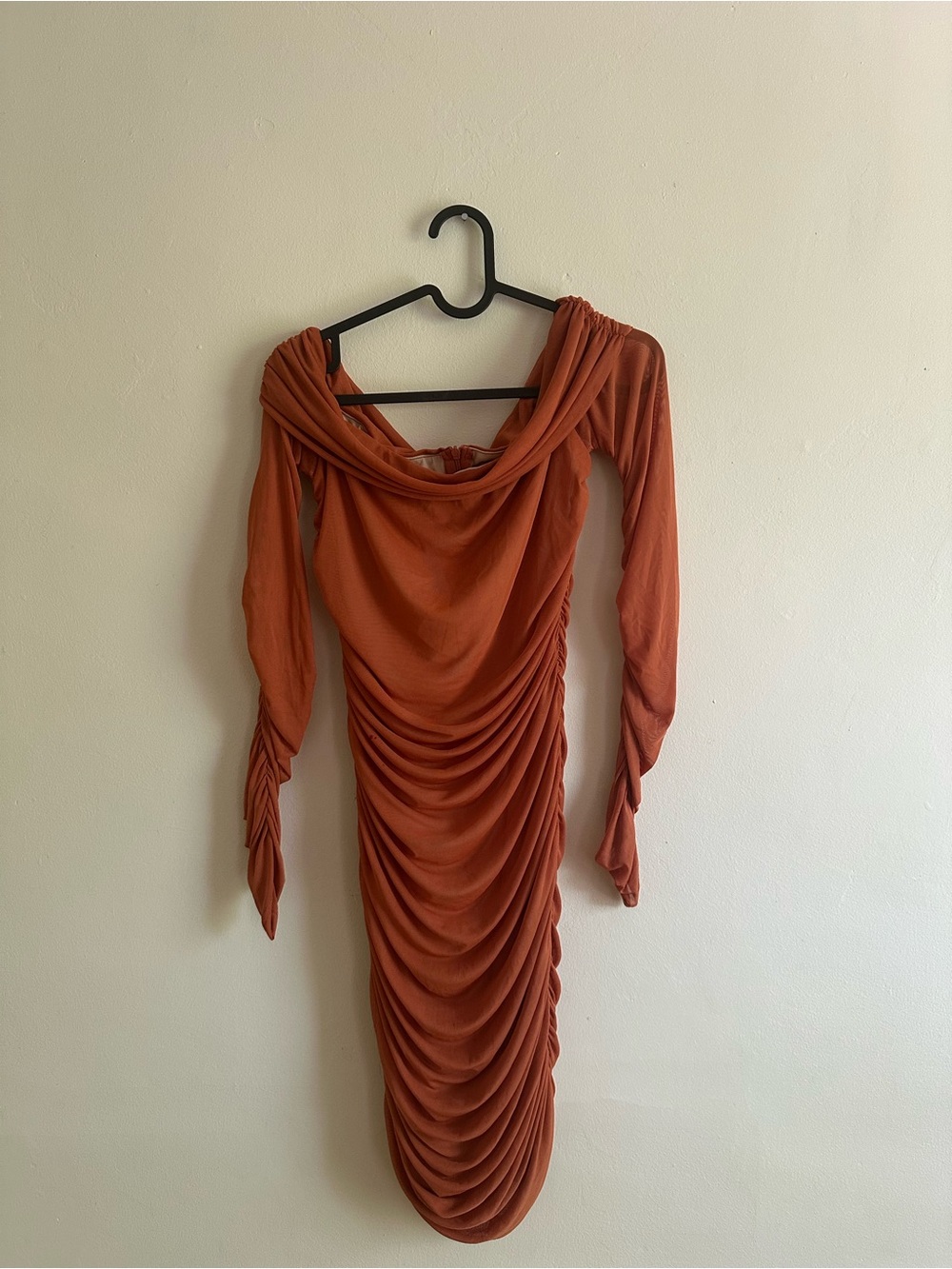Ruched Off-Shoulder Bodycon Dress in Rust